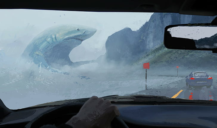 road, car interior, painting, shark, megalodon, animals, sea