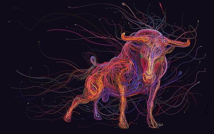 multicolored bull wallpaper, colorful, digital art, animals, ethernet
