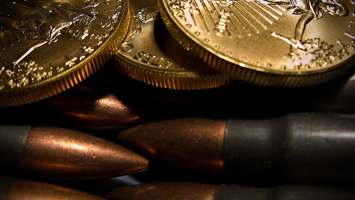 bullet, coins, gold, USA, ammunition, metal, money, HD wallpaper