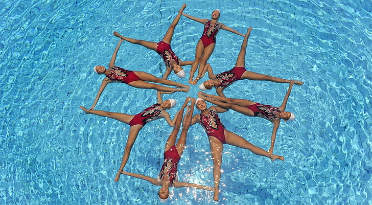 Synchronized Swimming, women's red one-piece swimsuit, Sports, HD wallpaper