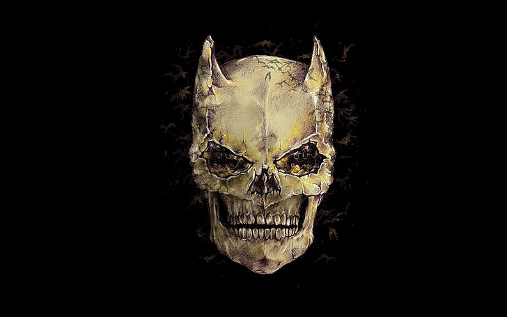 brown skull graphic, Batman, artwork, black background, close-up
