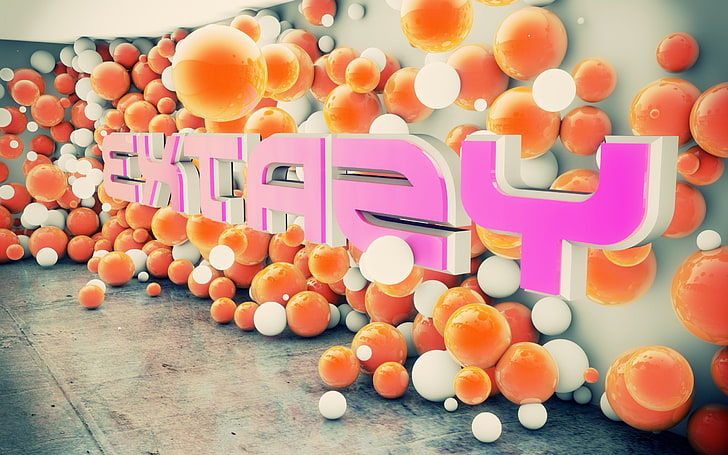 typography, digital art, balls, render, CGI, 3D, food, large group of objects