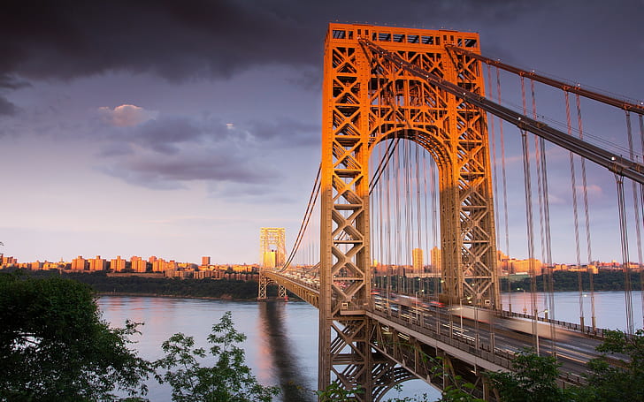 bridge, sunset, George Washington Bridge, Hudson River, HD wallpaper