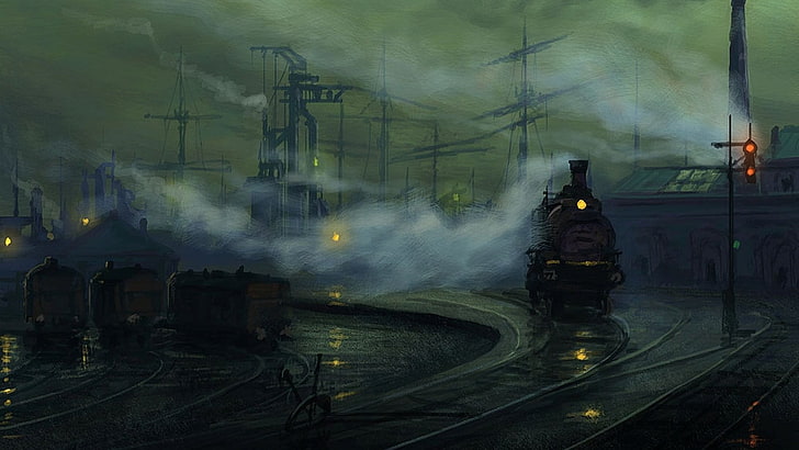 black train, artwork, painting, steam locomotive, rail yard, smoke, HD wallpaper
