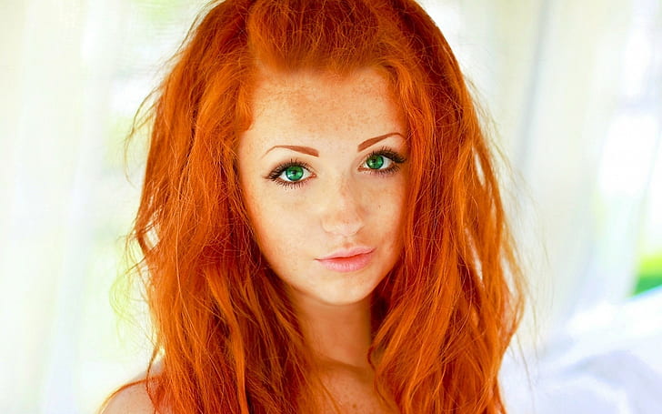 face, portrait, redhead, model, women, green eyes