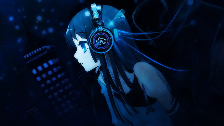 black-haired girl anime character wearing headphones clip-art
