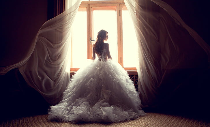 brides, wedding dress, white dress, women, window, long hair