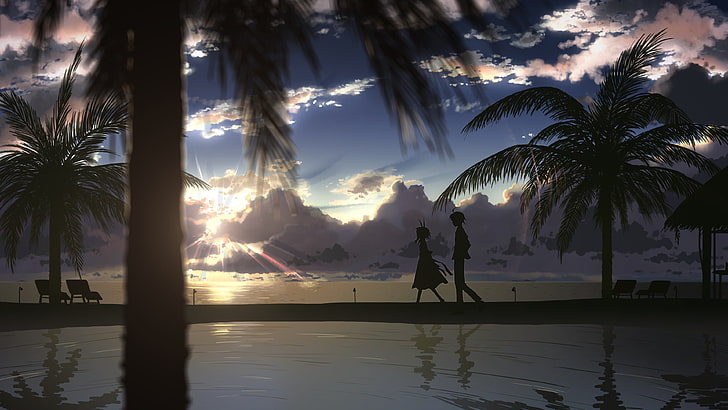 silhouette of girl and boy walking near coconut palm trees wallpaper