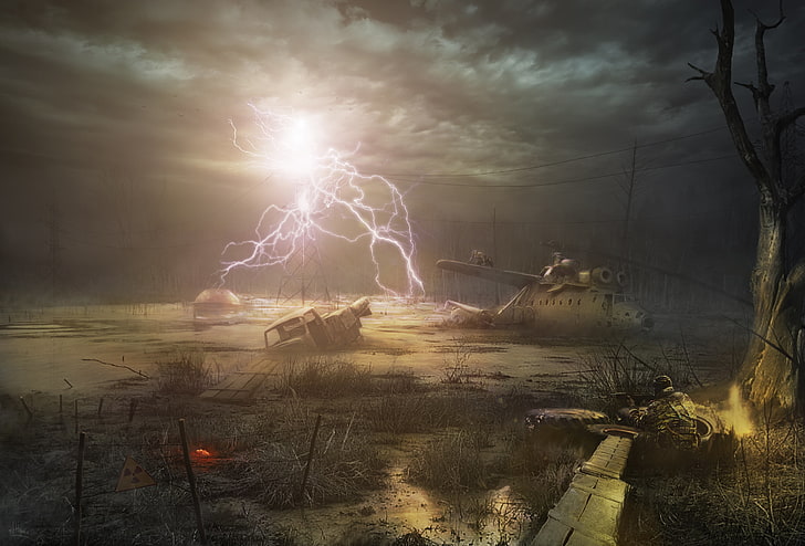 lightning storm illustration, night, tree, sign, swamp, radiation, HD wallpaper