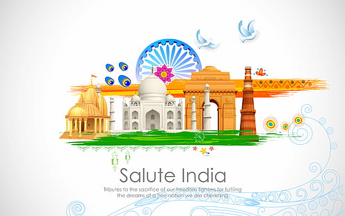 HD wallpaper: Salute India poster with various Indian landmarks, Tribute,  Freedom fighters | Wallpaper Flare