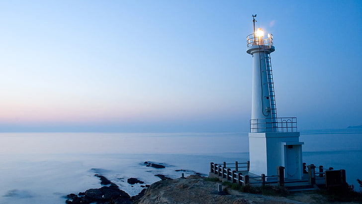 white lighthouse, landscape, nature, sea, water, sky, illuminated, HD wallpaper