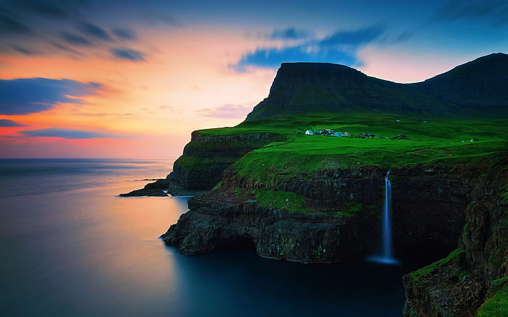 The Faroe Islands, hills, cascade, sea