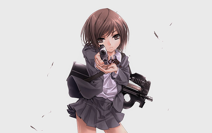 Gunslinger Girl, Henrietta, FN P90, white background, weapon, HD wallpaper