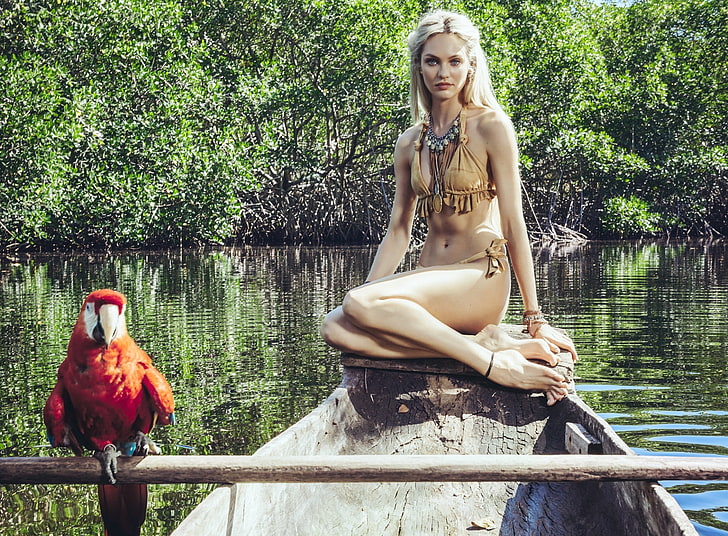 Candice Swanepoel Wild and Beautiful, scarlet macaw, Models, Style, HD wallpaper