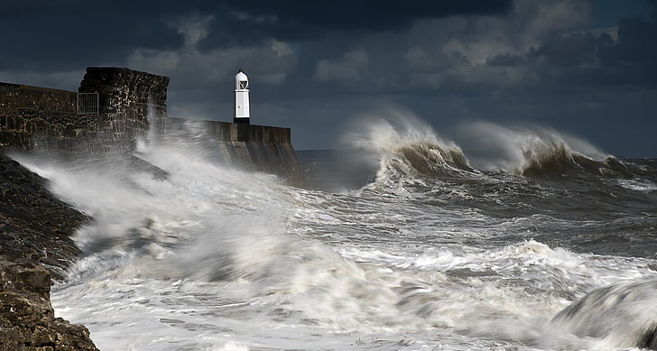 lighthouse, coast, waves, sea, water, motion, built structure