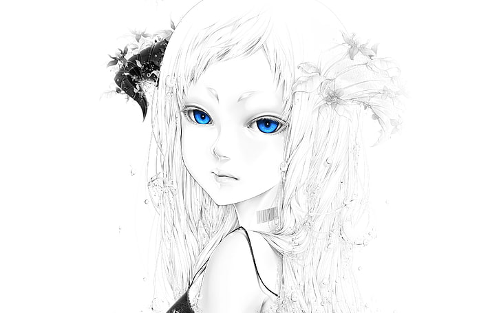 girl with blue eyes sketch, flowers, water, horns, simple background, HD wallpaper