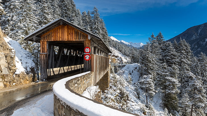 bridge, Switzerland, snow, Alps, Swiss Alps, winter, architecture