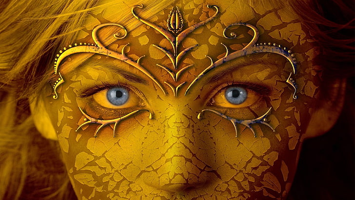 woman's blue eyes, close-up photo of woman with mask, face, fantasy art