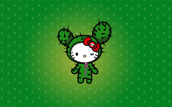 Hello Kitty clip art, vector, cat, cactus, green, illustration, HD wallpaper