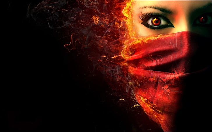 woman with red flame face cover digital wallpaper, dark, demon, HD wallpaper
