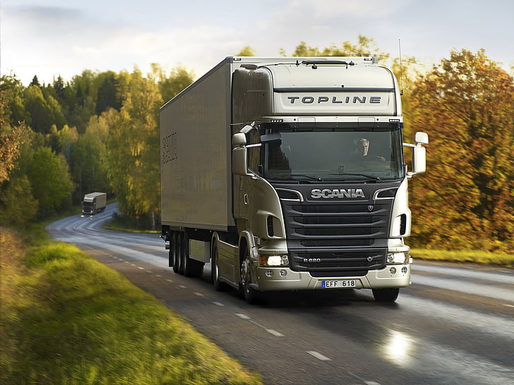 black and silver Scania transporter truck, autumn, movement, track, HD wallpaper