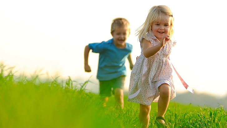 Kids, Happy, Boy, Girl, Grass, Running, Photography, HD wallpaper