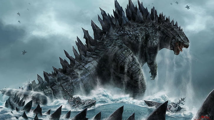 Hd Wallpaper Fantasy Art Digital Art Creature Godzilla Boat Water Sea Waves Aircraft Battle Dinosaurs Ship Clouds Wallpaper Flare
