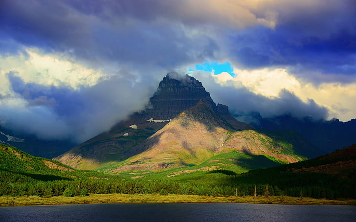The Rockies, Montana, USA, Glacier National Park, mountain, lake, clouds, HD wallpaper
