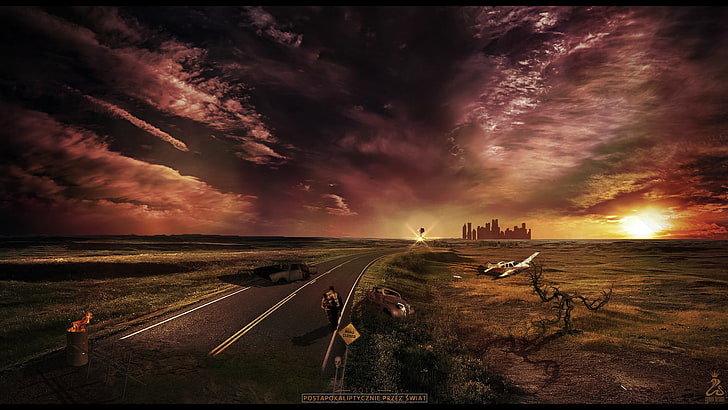 photo manipulation, apocalyptic, sky, sunset, cloud - sky, road, HD wallpaper
