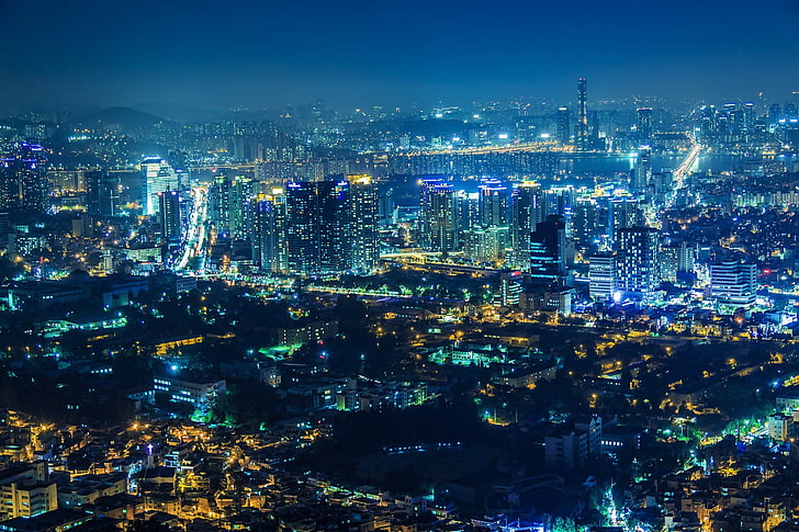 Cities, Seoul, Aerial, Building, City, Cityscape, Light, Night