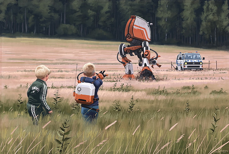 orange and white drone robot, futuristic, Simon Stålenhag, plant, HD wallpaper