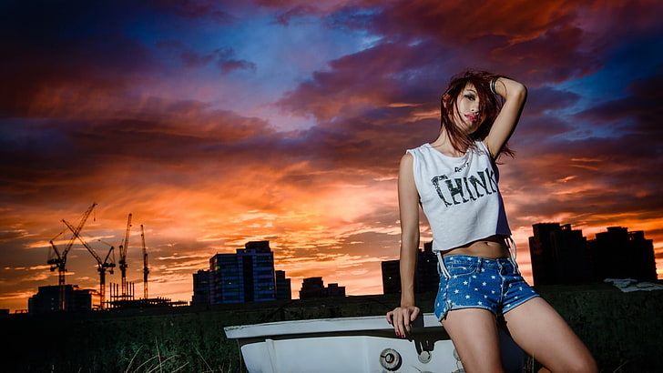 women, shorts, jean shorts, sunset, sky, cloud - sky, young adult, HD wallpaper