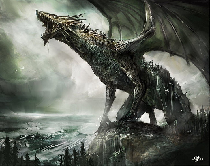 dragon illustration, fantasy art, artwork, water, motion, nature, HD wallpaper
