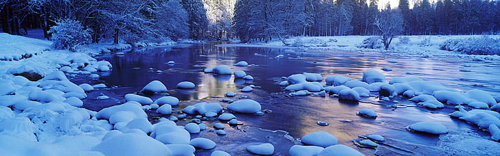Merced River, snow, winter, Yosemite National Park, California, USA, HD wallpaper