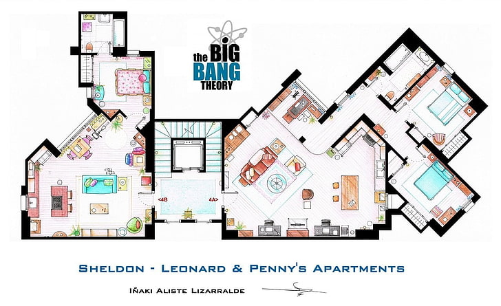 The Big Bang Theory Sheldon, Leonard, and Penny's apartments floor plan illustration