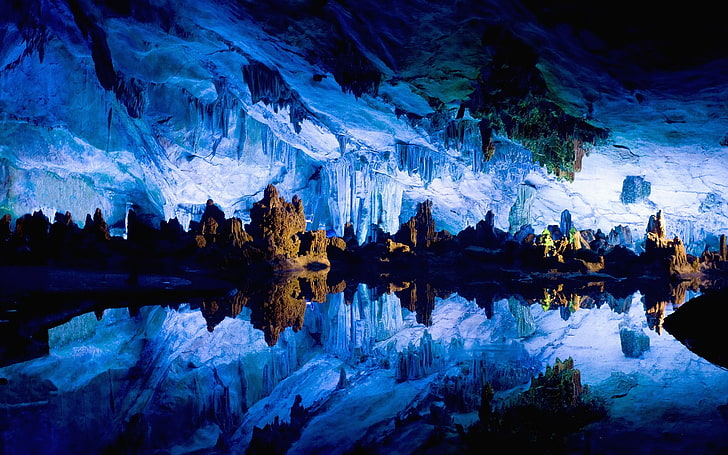 body of water, cave, stalactites, stalagmites, reflection, mirror