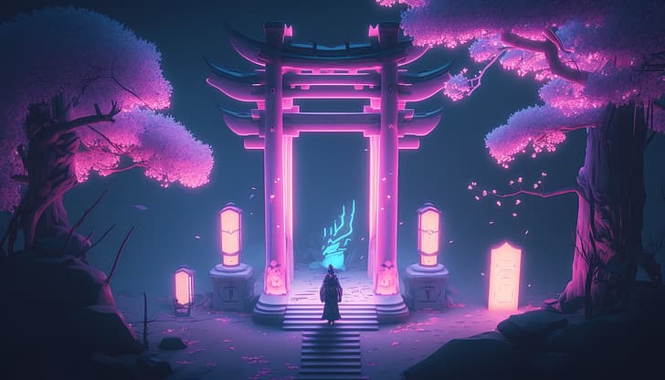 AI art, neon, PC gaming, pink, torii, Japan, HD wallpaper