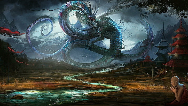 water, rain, dragon, temple, art, fantasy art, china, stormy, HD wallpaper