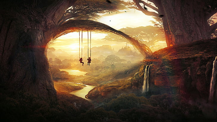 1920x1080 px children fantasy Art lake river Stream Sunny Swings Trees waterfall Cars Audi HD Art, HD wallpaper