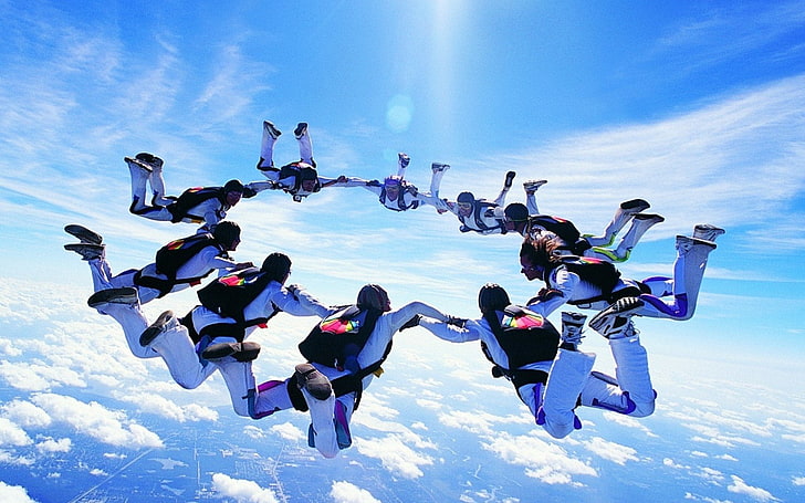 Sports, Skydiving, group of people, cloud - sky, flying, togetherness, HD wallpaper