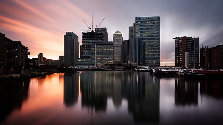 London, England, Canary wharf, boats, sunset, buildings, HD wallpaper