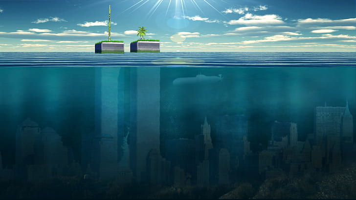 water, split view, sea, sunken cities