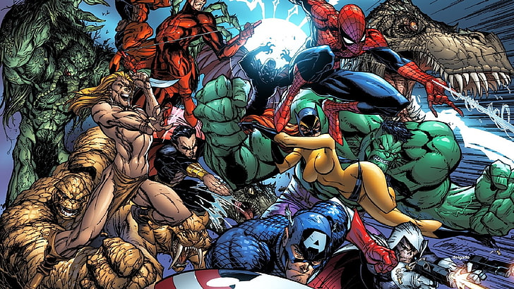 Marvel Avengers illustration, comics, Spider-Man, Captain America