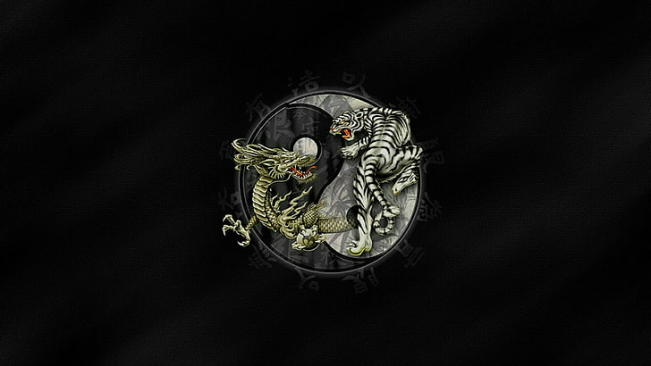 fantasy, dragon, tiger, yin and yang, graphics design, artwork, HD wallpaper