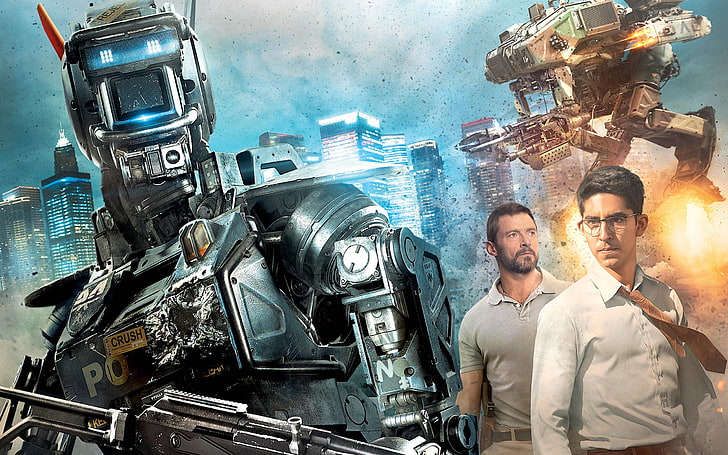 movie poster, weapons, robots, shooting, Hugh Jackman, Chappie