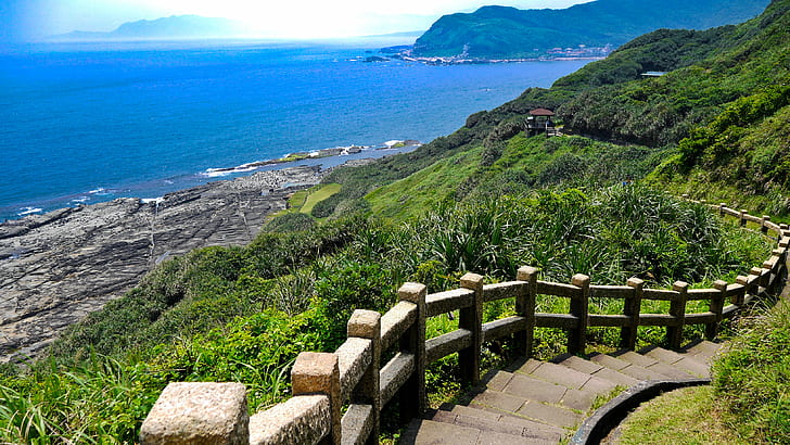 gray pathway on the top of mountain near sea, coastline, nature, HD wallpaper