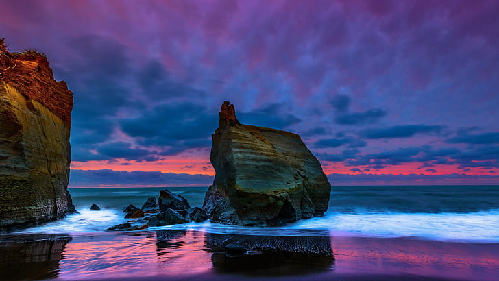 sea stack, cloudy, sunset, sky, ocean, shore, rock, water, coast, HD wallpaper