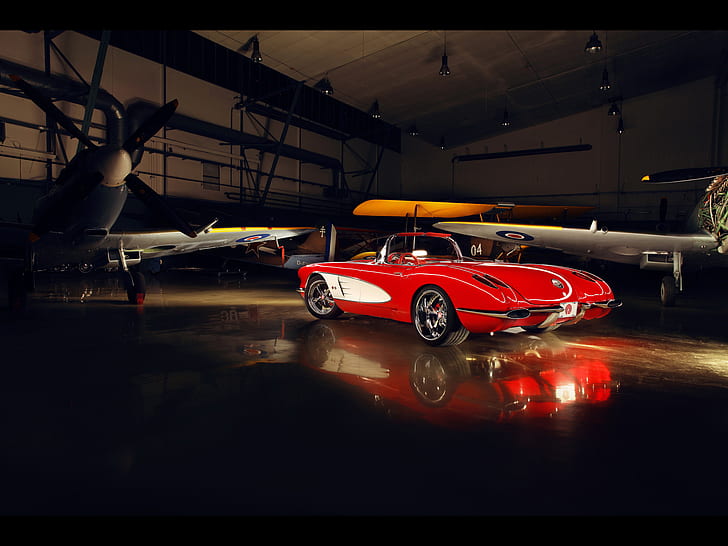 Chevrolet Corvette Hanger Airplanes Planes Classic Car Classic HD, HD wallpaper