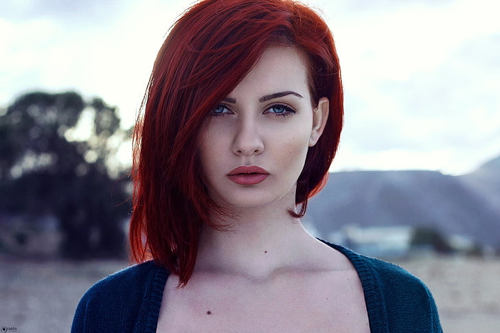 women's red lipstick, model, redhead, looking at viewer, blue eyes