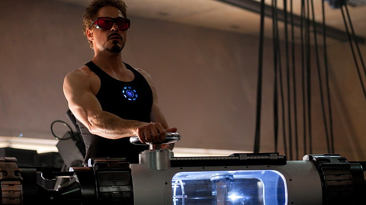 men's black tank top, Iron Man, Tony Stark, Robert Downey Jr.